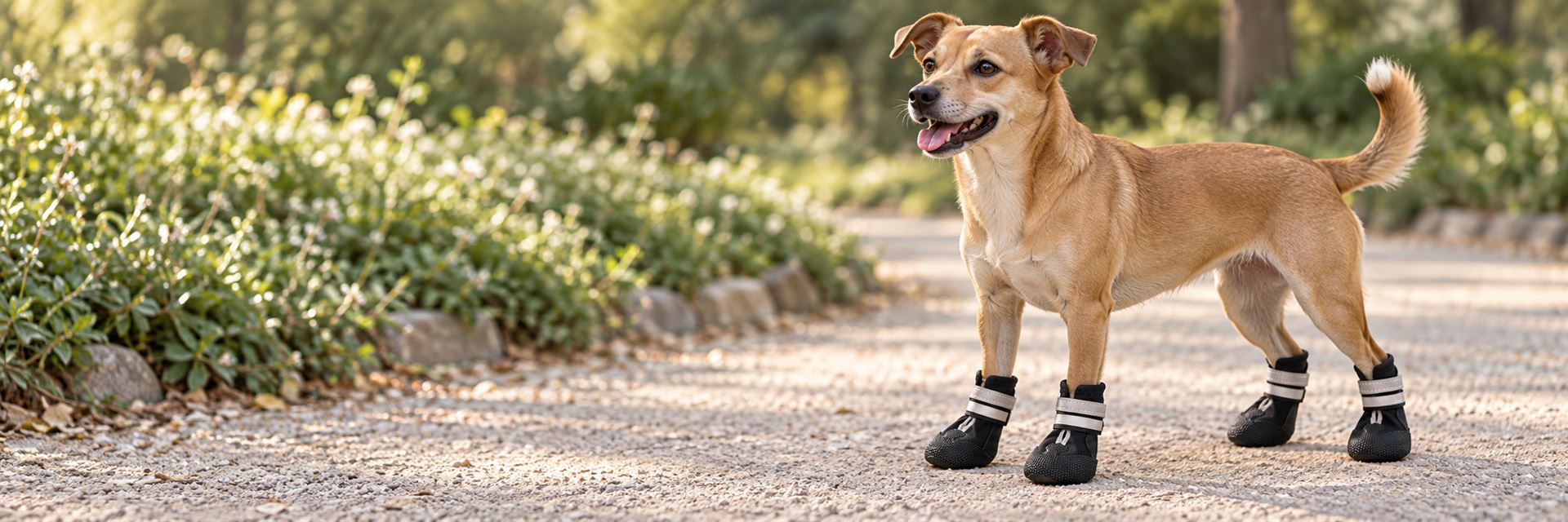 Tan dog wearing four black double-strap boots on a park path