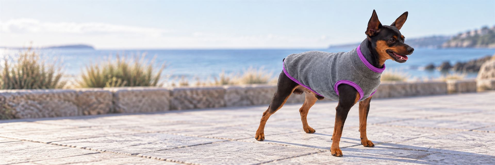 Miniature pinscher in a grey and purple fleece pullover on a coastal promenade