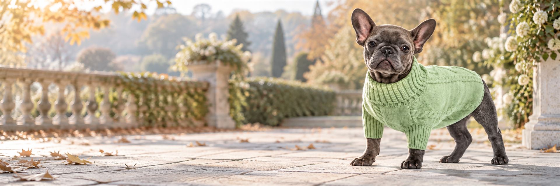 French bulldog in a mint-green cable-knit sweater on an autumn garden terrace